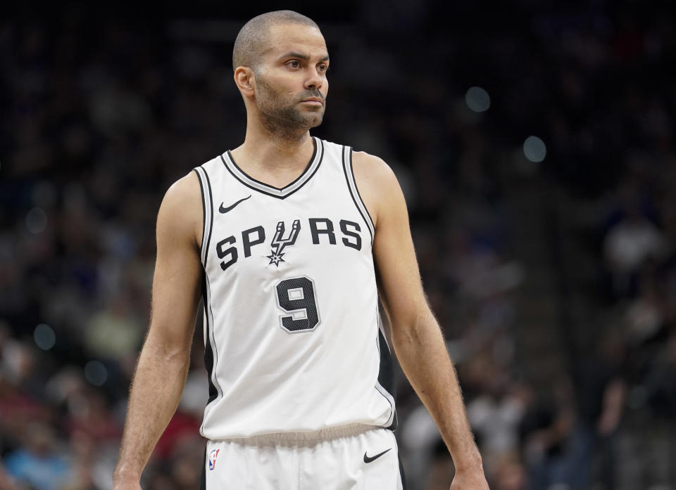 San Antonio Spurs guard Tony Parker walks upcourt during the first half of an NBA basketball game against the New Orleans Pelicans, Thursday, March 15, 2018, in San Antonio. San Antonio won 98-93. (AP Photo/Darren Abate)