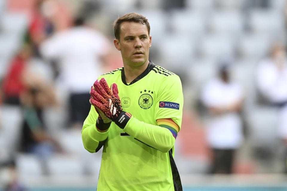 Germany's goalkeeper Manuel Neuer walks on the pitch during the Euro 2020 soccer championship group F match between Portugal and Germany at the Football Arena stadium in Munich, Germany, Saturday, June 19, 2021. (Philipp Guelland/Pool via AP)