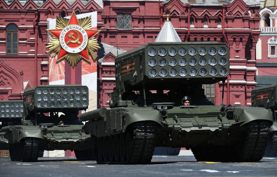 Russian TOS-1A multiple rocket launchers drive during the Victory Day Parade in Red Square in Moscow, Russia, June 24, 2020.