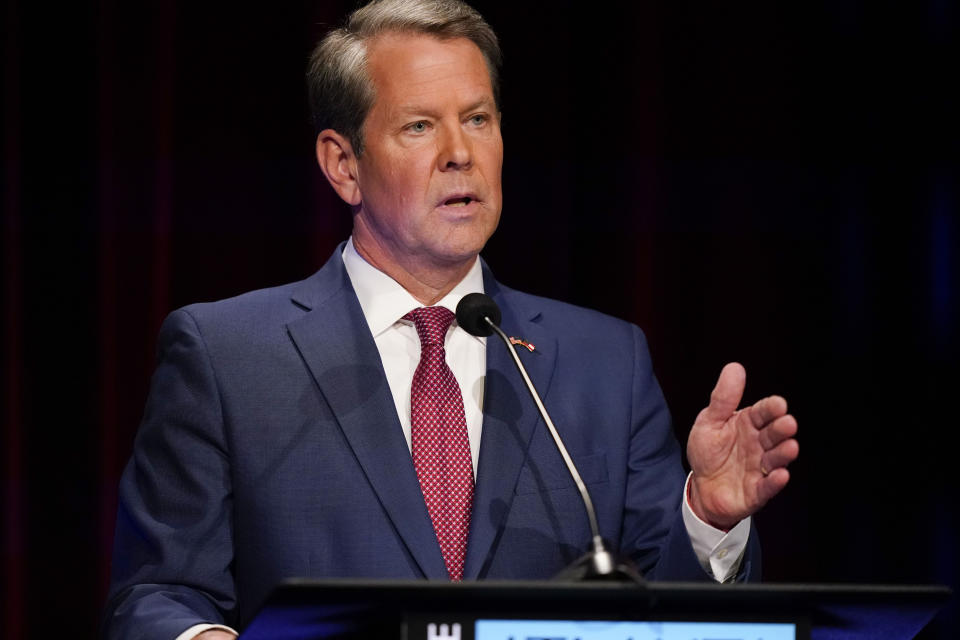 FILE - Georgia Gov. Brian Kemp speaks during a gubernatorial republican primary debate on May 1, 2022, in Atlanta. Kemp has declined to clarify his position on abortion in recent days. His campaign ignored direct questions asking whether he would support a complete abortion ban, although he enjoys the strong backing of state-based anti-abortion groups. (AP Photo/Brynn Anderson, Pool)