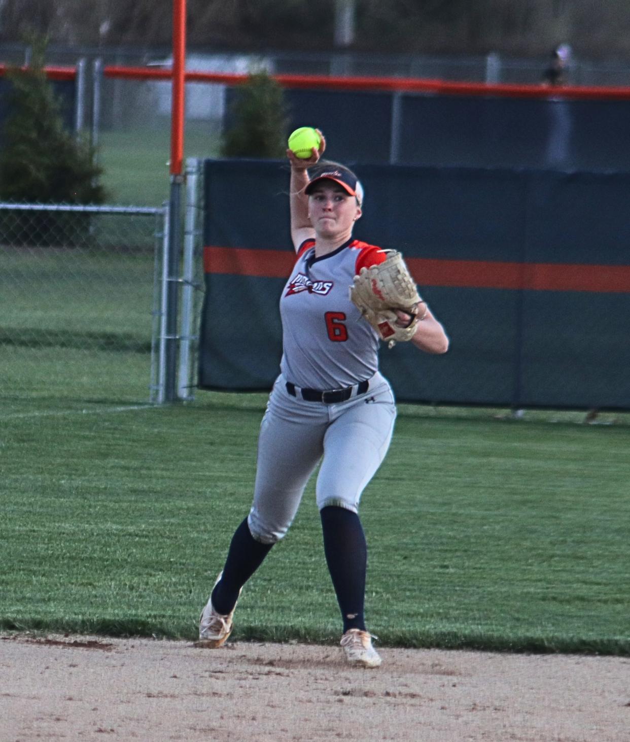 Pontiac shortstop Elena Krause fires the ball to first base for an out in a 10-0 win over Illinois Valley Central Friday.