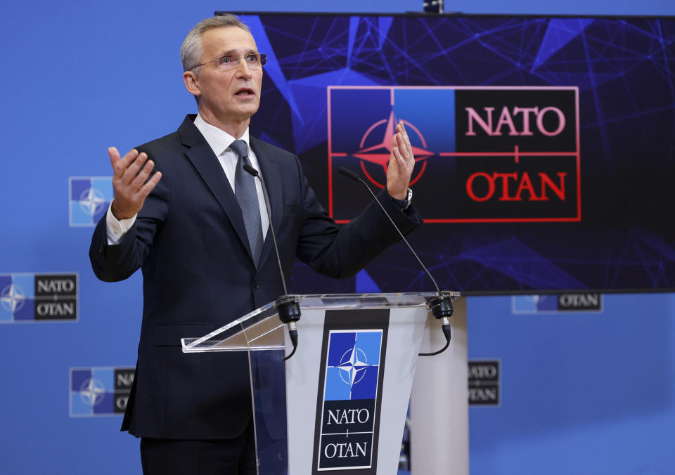 NATO Secretary General Jens Stoltenberg speaks during a media conference after an extraordinary meeting of NATO Ministers of Foreign Affairs via video link at NATO headquarters, in Brussels, Friday, Jan. 7, 2022. NATO foreign ministers on Friday discussed Russia's military build-up around Ukraine amid skepticism about the credibility of President Vladimir Putin's offer to ease tensions, ahead of a week of high-level diplomacy aimed at ending the standoff. (AP Photo/Olivier Matthys)