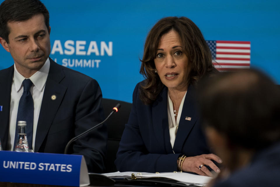 WASHINGTON, DC - MAY 13: Vice President Kamala Harris, flanked by Secretary of Transportation Pete Buttigieg and Deputy National Security Advisor to the Vice President Philip Gordon, delivers remarks at the top of a meeting on Climate with Cabinet members and leaders at the Association of Southeast Asian Nations (ASEAN) as part of the U.S.-ASEAN Special Summit at the Loy Henderson International Conference Room at the U.S. Department of State on U.S. Department of State on Friday, May 13, 2022 in Washington, DC. (Kent Nishimura / Los Angeles Times via Getty Images)