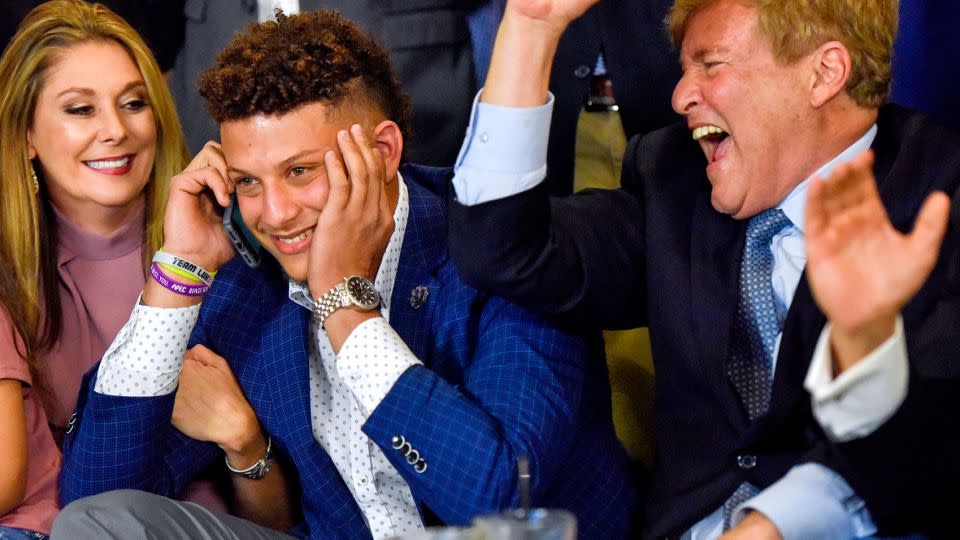Mahomes takes a phone call after being drafted by the Chiefs. - Chelsea Purgahn/Tyler Morning Telegraph via AP