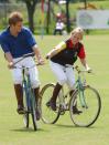 <p>Zara grew up especially close to her cousin Prince William, due to their one-year age difference. Here, they goof off at the bicycle portion of the Jockeys vs. Eventers charity polo match at Tidworth Polo Club in Wiltshire.</p>