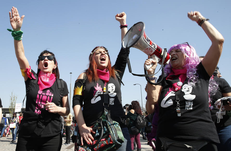 People march to protest the World Congress of Families, in Verona, Italy, Saturday, March 30, 2019. A congress in Italy under the auspices of a U.S. organization that defines family as strictly centering around a mother and father has made Verona — the city of Romeo and Juliet — the backdrop for a culture clash over family values, with a coalition of civic groups mobilizing against what they see as a counter-reform movement to limit LGBT and women's rights. (AP Photo/Antonio Calanni)