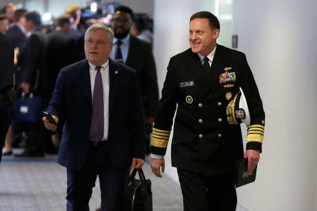 Former NSA Director Admiral Mike Rogers departs from a Senate Intelligence Committee hearing evaluating the Intelligence Community Assessment on "Russian Activities and Intentions in Recent US Elections" on Capitol Hill in Washington, U.S., May 16, 2018. REUTERS/Joshua Roberts