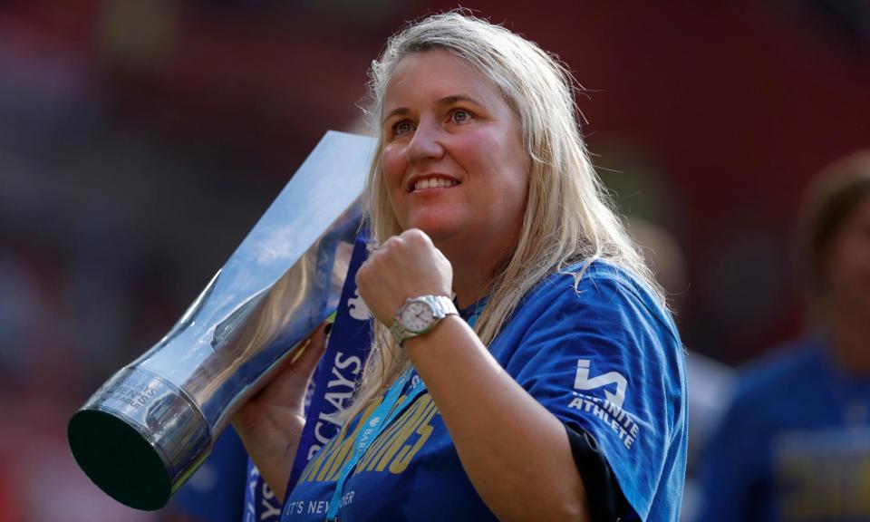 <span>Emma Hayes celebrates with the WSL trophy at Old Trafford.</span><span>Photograph: Tom Jenkins/The Observer</span>