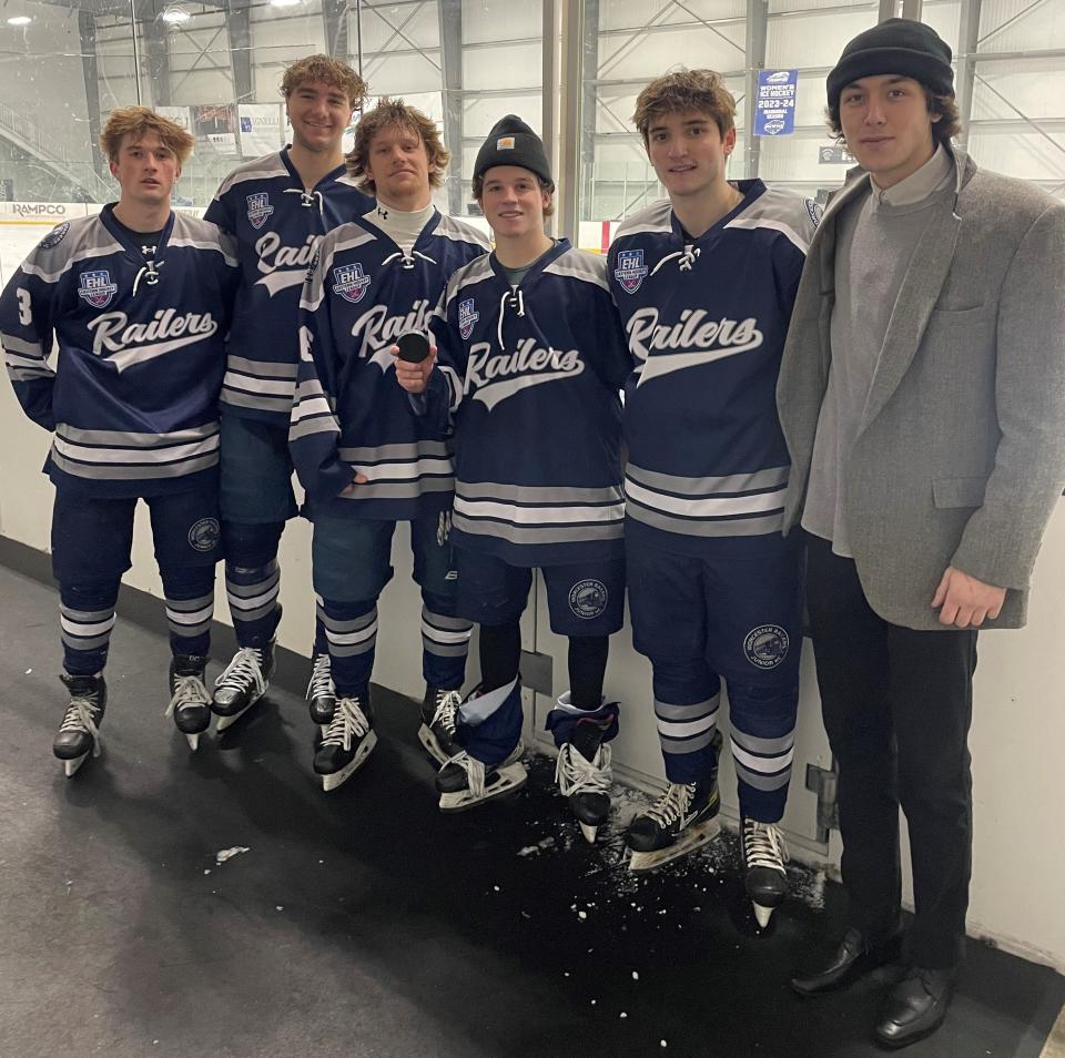 Worcester Railers Junior Hockey Club players, from left, Declan Chapman, Matt Schirm, Max Beaulac, Marcus Chrisafideis, Dillan Lowe and Collin Tunnera, all originally from the Worcester area, pose for a picture earlier this month at Fidelity Back Worcester Ice Center.