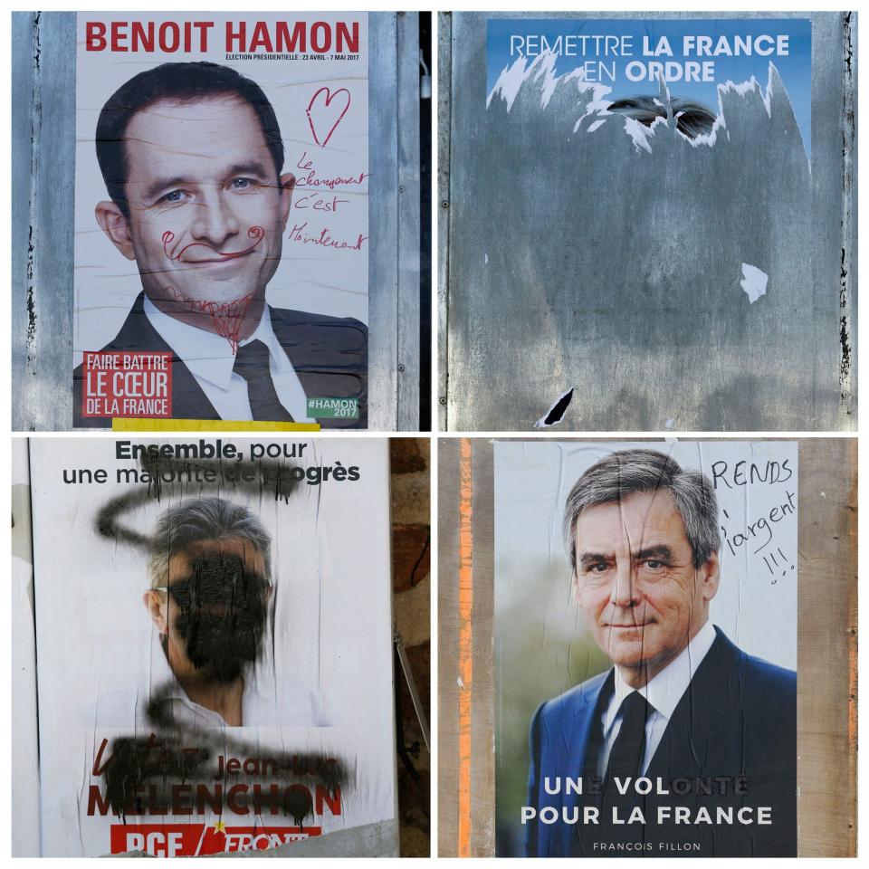 The posters of Presidential Candidates Francois Fillon, Marine Le Pen, Benoit Hamon and Jean Luc Melenchon on the eve of the first round of the French presidential election, in Tulle - Credit:  REGIS DUVIGNAU/ REUTERS