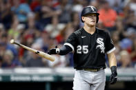 Chicago White Sox's Andrew Vaughn reacts after being struck out by Cleveland Guardians starting pitcher Triston McKenzie during the fifth inning of a baseball game Friday, Aug. 19, 2022, in Cleveland. (AP Photo/Ron Schwane)