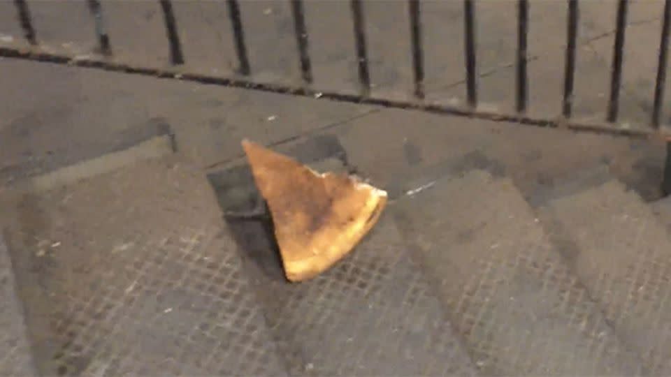The fury New Yorker was caught on camera hauling a piece of pizza down subway stairs. Photo: Supplied