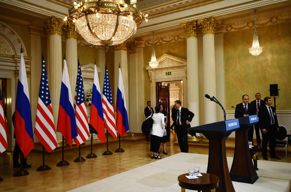 <p>The press conference room is pictured ahead the joint press conference of the U.S. and the Russian Presidents after a meeting at the Presidential Palace in Helsinki, on July 16, 2018. (Photo: Brendan Smialowski/AFP/Getty Images) </p>