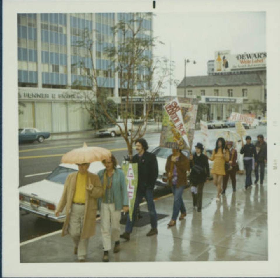 Morris Kight leads a Gay Liberation Front protest on the streets at the first gay pride parade permits. June 1970.