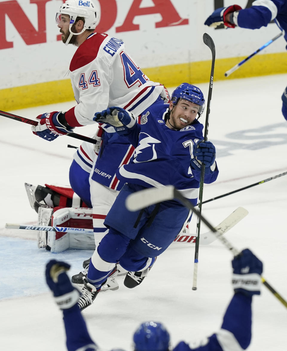 Tampa Bay Lightning left wing Ross Colton reacts after scoring on Montreal Canadiens goaltender Carey Price during the second period in Game 5 of the NHL hockey Stanley Cup finals, Wednesday, July 7, 2021, in Tampa, Fla. (AP Photo/Gerry Broome)