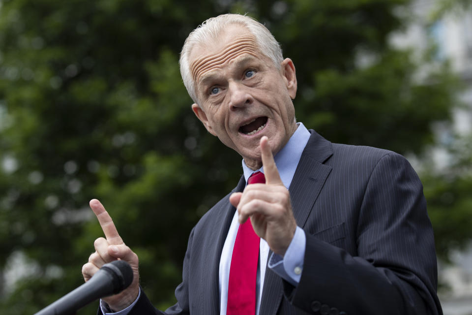 FILE - In this June 18, 2020, file photo White House trade adviser Peter Navarro speaks with reporters at the White House in Washington. (AP Photo/Alex Brandon, File)