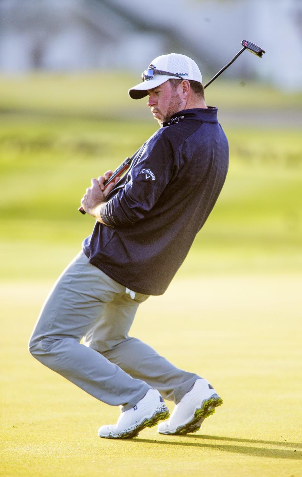 Robert Garrigus reacts to his missed putt on the 11th hole during the first round of the 2018 Waste Management Phoenix Open at TPC Scottsdale, Thursday, February 1, 2018.