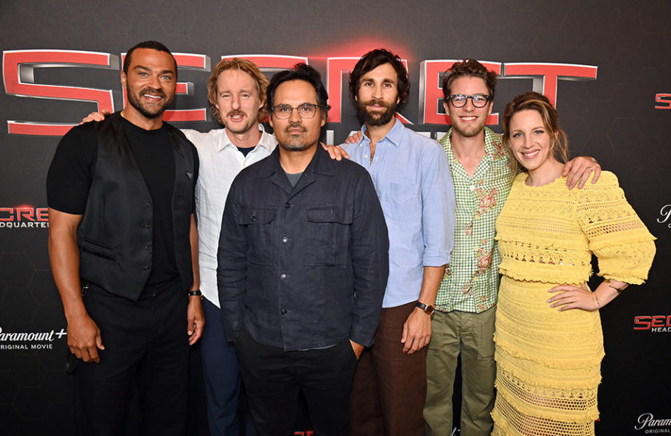 (L-R) Actors Jesse Williams, Owen Wilson, Michael Peña, director/writers Ariel Schulman and Henry Joost and actor Jessie Mueller attend the Paramount+ 'Secret Headquarters' premiere at Signature Theater on August 08, 2022 in New York City.