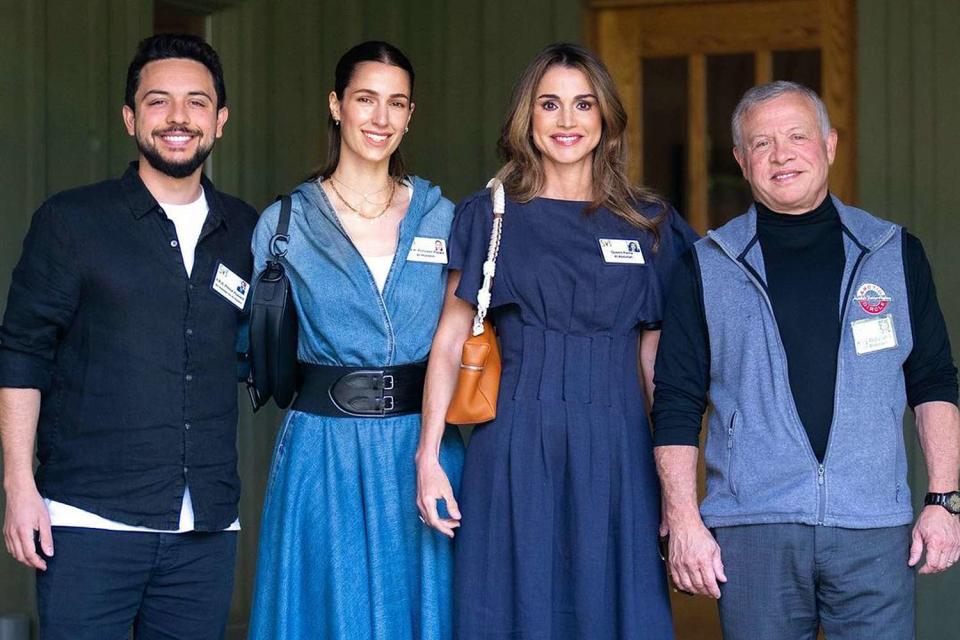 <p>Queen Rania Al Abdullah/ Instagram</p> Crown Prince Hussein of Jordan, Princess Rajwa, Queen Rania and King Abdullah smile together in a photo Rania shared to Instagram.