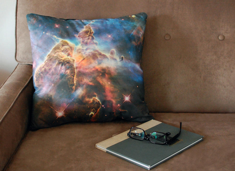 This image taken on November 6, 2012 provided by Pillars of Creation shows a galaxy pillow cover (www.etsy.com/shop/pillarsofcreation) printed with an image from the Hubble telescope in Portland, Oregon. (AP Photo/Pillars of Creation, Rachel Jacks)