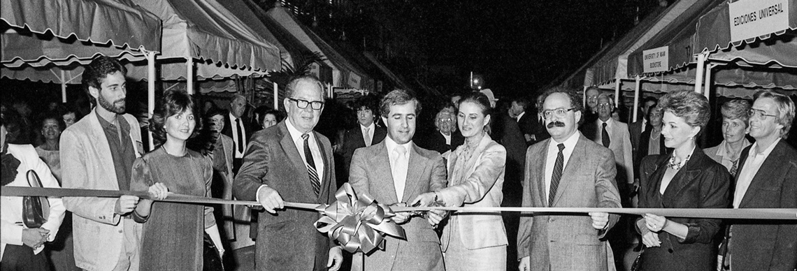 Mitchell Kaplan, Raquel Roque, Stephen Clark, Craig Pollock, Lourdes Hidalgo Gato, Dr. Eduardo J. Padrón and others at the opening of Books by the Bay in 1984.