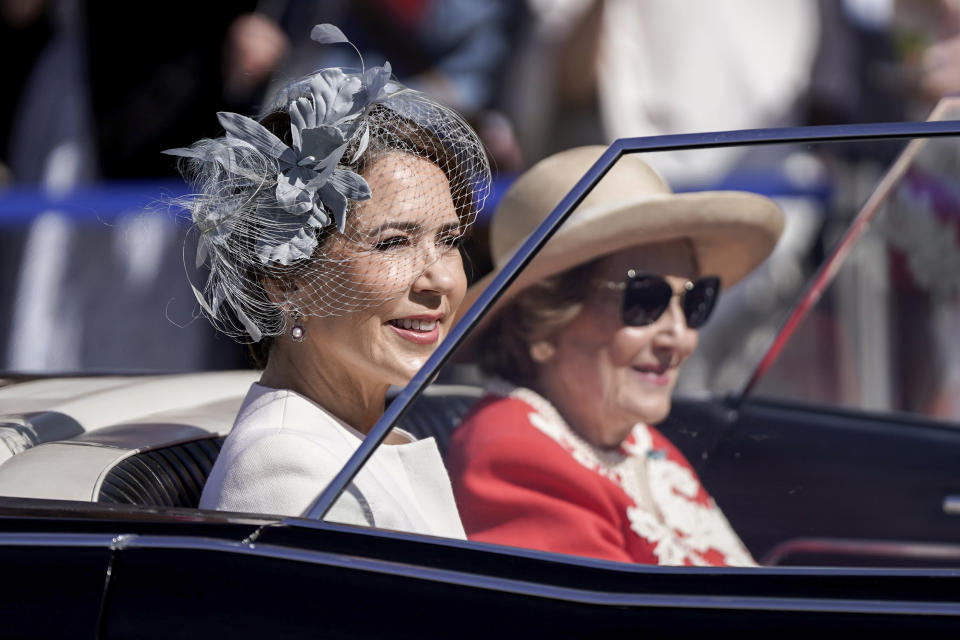 Queen Mary of Denmark arrives in Oslo, Norway, Tuesday, May 14, 2024 to be welcomed by Norway's King Harald, Queen Sonja, Crown Prince Haakon and Crown Princess Mette-Marit. (Håkon Mosvold Larsen/NTB Scanpix via AP)
