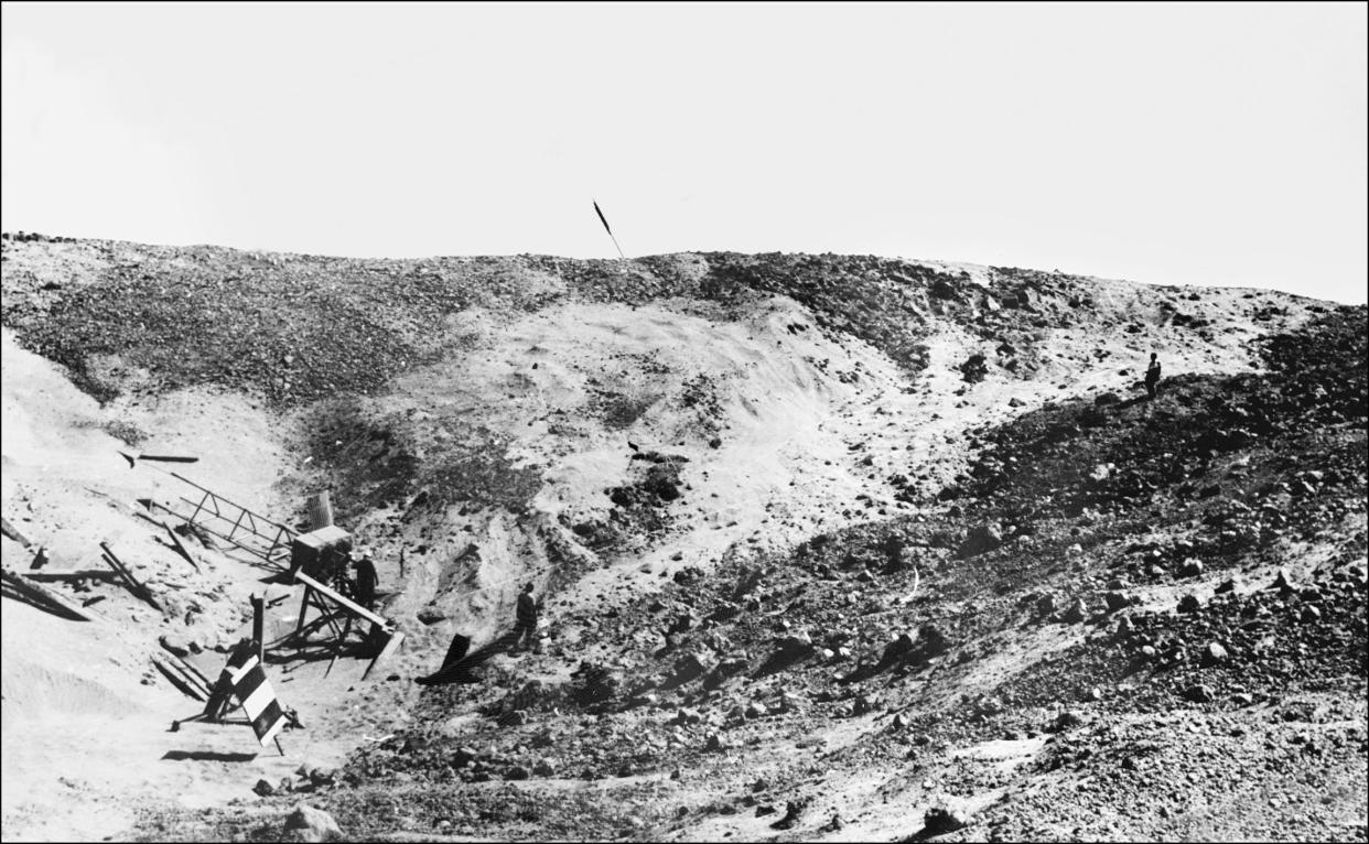 A crater marks the site of the first Indian underground nuclear test conducted 18 May 1974 at Pokhran in the desert state of Rajasthan (AFP via Getty Images)