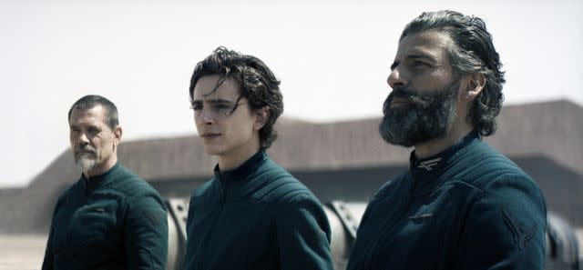 <p>Warner Bros. /Courtesy Everett</p> Josh Brolin, Timothée Chalamet and Oscar Isaac in 2021's "Dune: Part One."