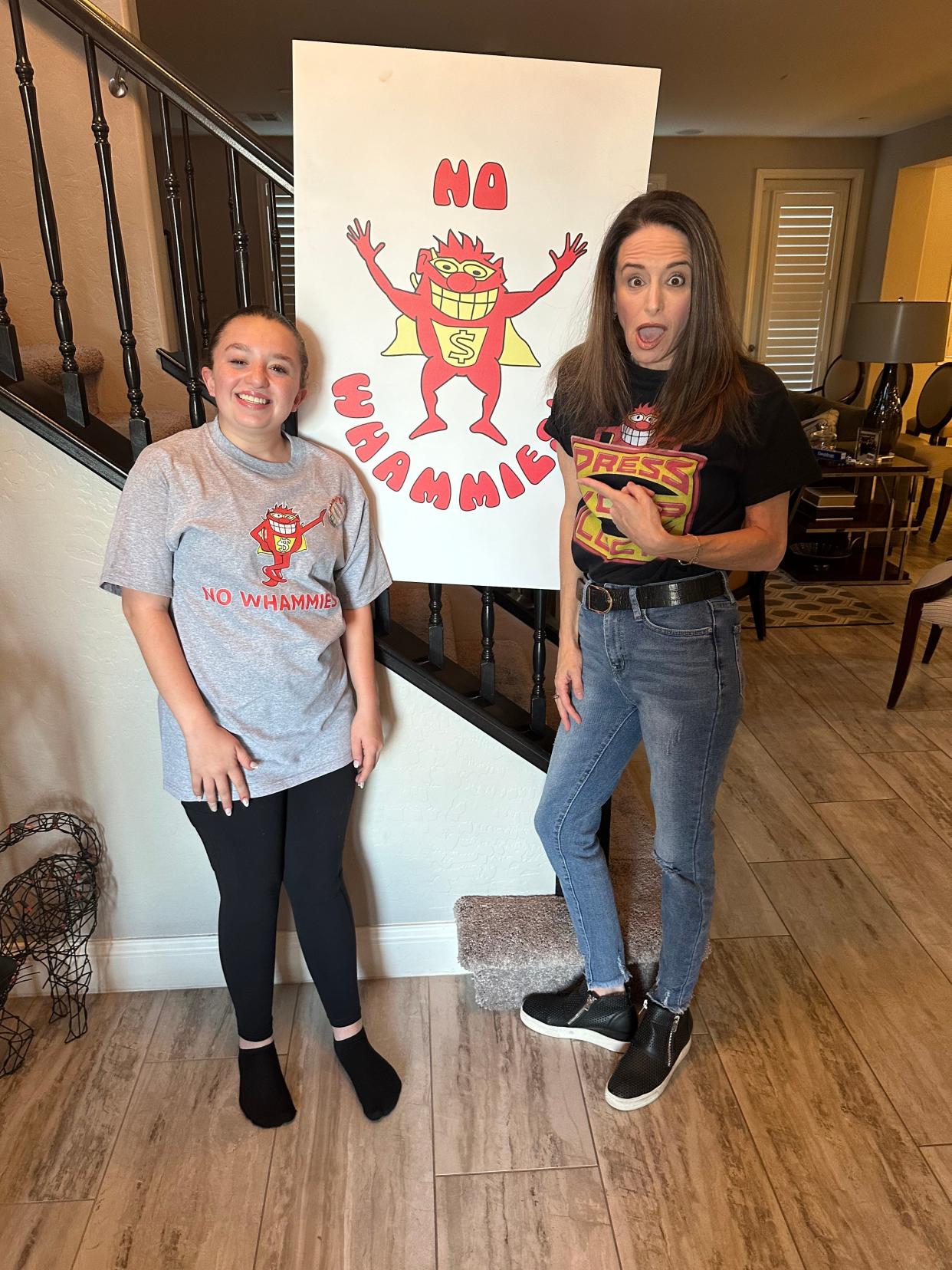 Julie Marcus, left, a Yardley native who appeared on ABC's Press Your Luck, and her 16-year-old daughter, Miah, get ready for their watch party on Tuesday, October 24, 2023.