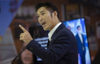 Former leader of the dissolved Future Forward Party, Thanathorn Juangroongruangkit speaks during a press conference in Bangkok, Thailand, Thursday, Jan. 21, 2021. Thanathorn was charged with defaming Thailand’s monarchy by questioning the government’s procurement of COVID-19 vaccines is standing by his comments and saying the nation deserves more transparency. (AP Photo/Sakchai Lalit)