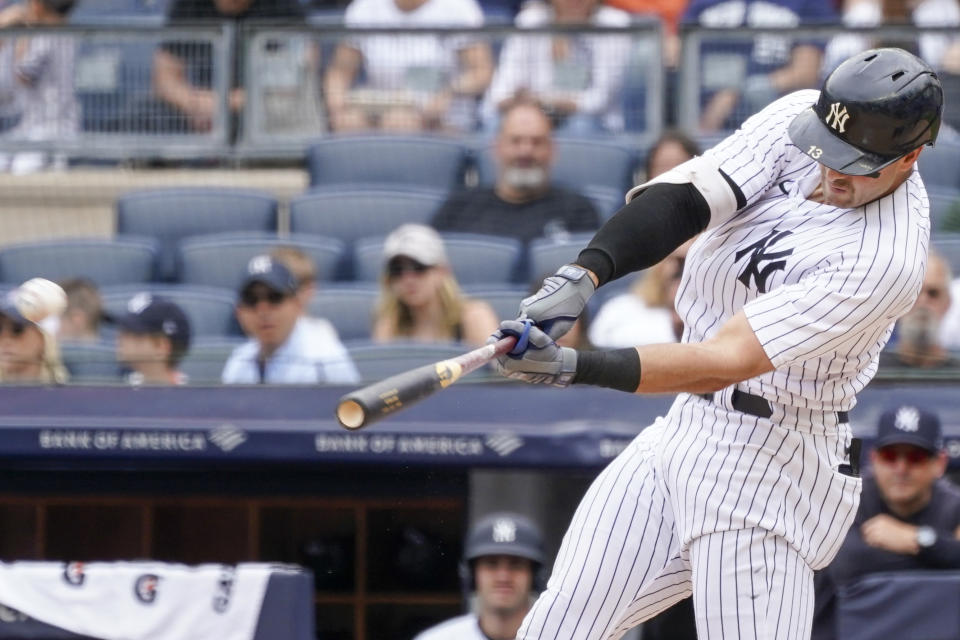 New York Yankees' Joey Gallo hits a an RBI-double in the first inning of a baseball game, Sunday against the Chicago Cubs, June 12, 2022, in New York. (AP Photo/Mary Altaffer)