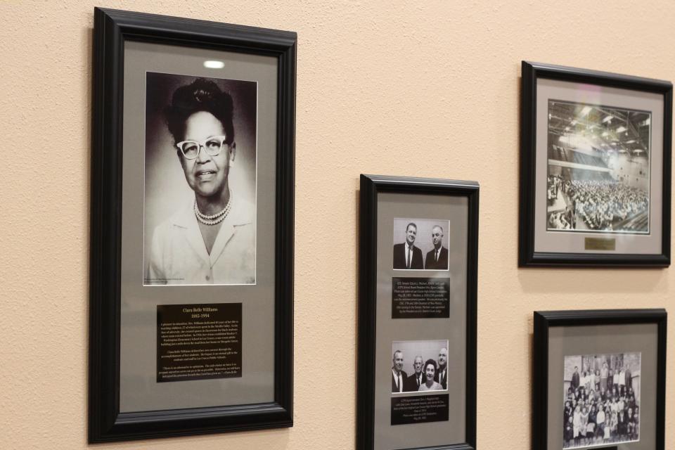 A plaque displayed at the Las Cruces Public Schools Dr. Karen M. Trujillo Administrative Complex honors Clara Belle Williams, recognizing her establishment of Booker T. Washington Elementary School and calls her a pioneer in education.