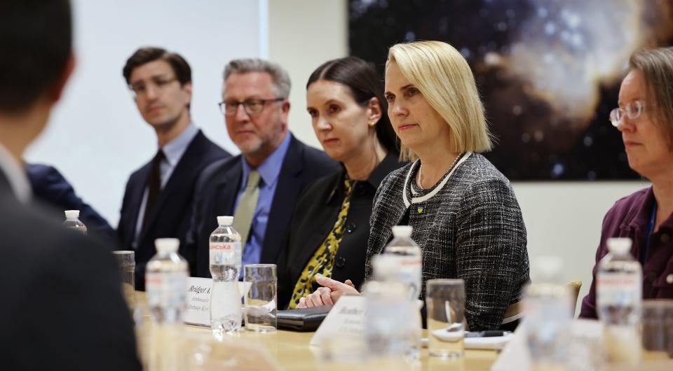 U.S. Ambassador to Ukraine Bridget A. Brink and other members of her staff listen as they attend a meeting with members of the Utah trade delegation at the embassy in Kyiv, Ukraine, on Tuesday, May 2, 2023. She also sat down independently to visit with the Deseret News. | Scott G Winterton, Deseret News