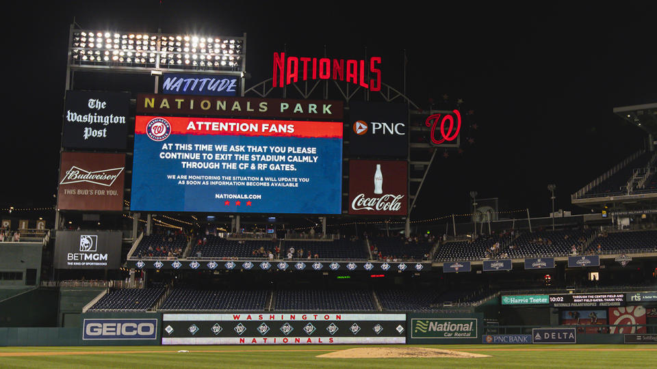 An alert for fans, pictured here on the scoreboard after the shooting outside Nationals Park. 