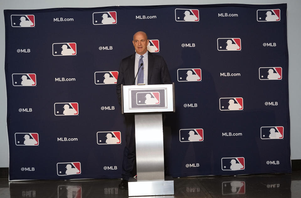 CORRECTS LAST NAME TO FISHER, NOT FOSTER AS ORIGINALLY SENT - Athletics owner John Fisher speaks during a news conference after a Major League Baseball owners meeting in Arlington, Texas, Thursday, Nov. 16, 2023. The Oakland Athletics’ move to Las Vegas was unanimously approved Thursday by Major League Baseball team owners, cementing the sport’s first relocation since 2005. (AP Photo/LM Otero)