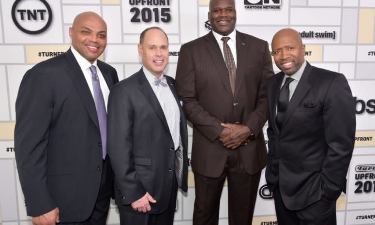 The TNT crew featuring Charles Barkley, Ernie Johnson, Shaquille O'Neal, and Kenny Smith at an event.