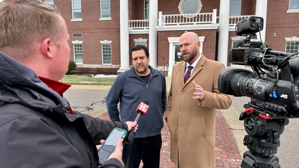 First Liberty Institute Senior Counsel, Jeremy Dys, (right) and Pastor Chris Avell (left) speak to a local reporter outside the courthouse.