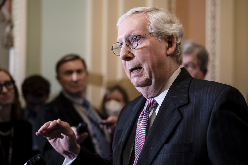 Senate Minority Leader Mitch McConnell, R-Ky., speaks to reporters ahead of a procedural vote on Wednesday to essentially codify Roe v. Wade, at the Capitol in Washington, Tuesday, May 10, 2022. (AP Photo/J. Scott Applewhite)