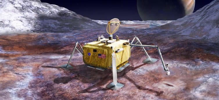 <span class="caption">Artist’s concept of a lander on Jupiter’s moon Europa. Should this even be allowed?</span> <span class="attribution"><a class="link " href="https://photojournal.jpl.nasa.gov/jpeg/PIA21048.jpg" rel="nofollow noopener" target="_blank" data-ylk="slk:NASA/JPL-Caltech;elm:context_link;itc:0;sec:content-canvas">NASA/JPL-Caltech</a></span>