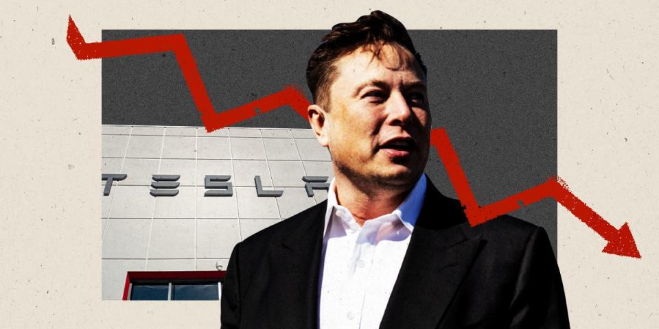 Collage featuring Elon Musk, Tesla Motors dealership facade with logo, and a downward trending arrow