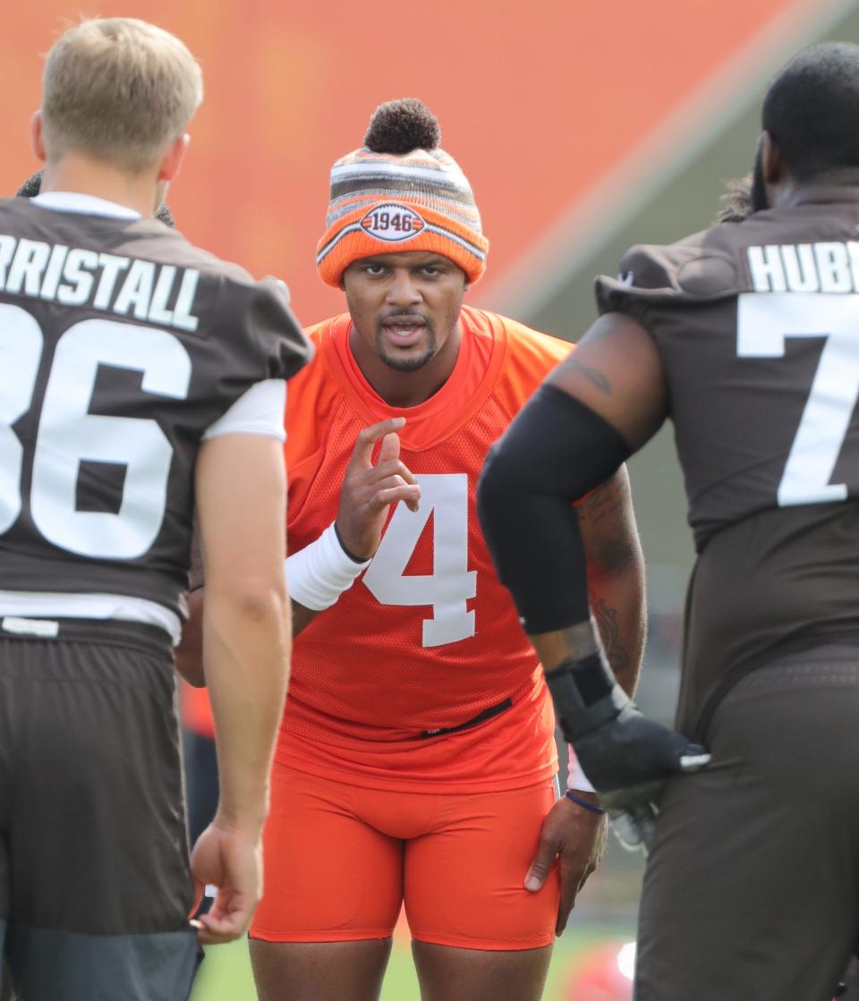 Cleveland Browns quarterback Deshaun Watson calls a play in the huddle during OTA practice on Wednesday, May 25, 2022 in Berea.