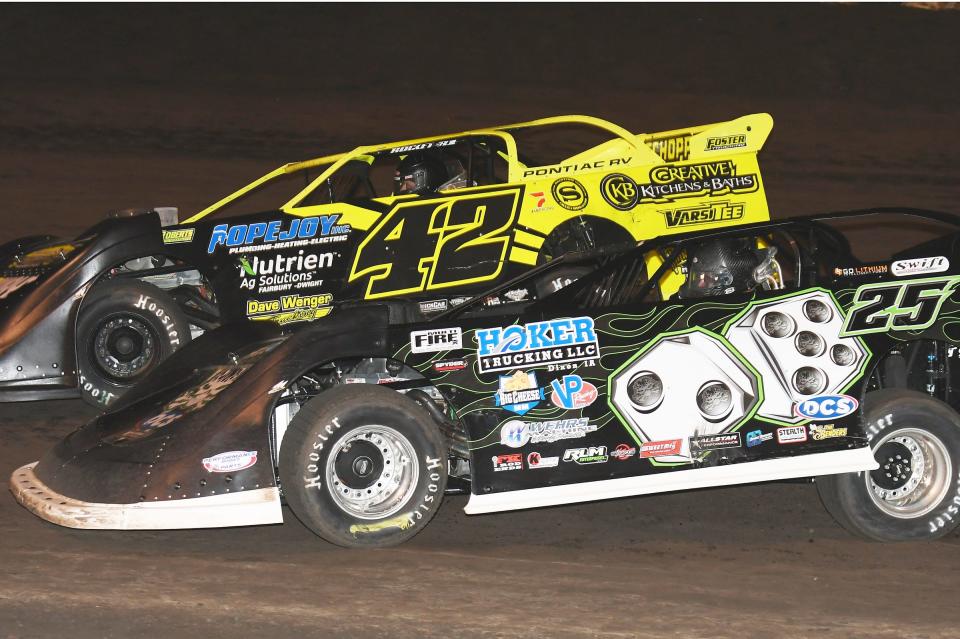 McKay Wenger (42) races with the current MARS Late Model series point leader Jason Feger.