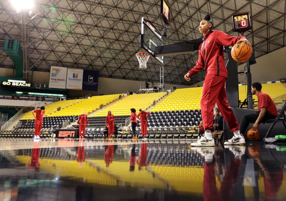 USC women's basketball player Juju Watkins on the court before a recent game at Long Beach State.