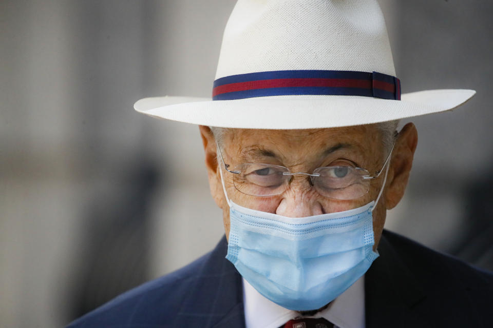 FILE- In this July 20, 2020 file photo, former New York Assembly Speaker Sheldon Silver leaves U.S. District Court in New York. Silver has been sentenced to 6 1/2 years in prison. The sentencing Monday, Aug. 24, 2020 by U.S. District Judge Valerie Caproni came after she insisted that the 76-year-old Democrat come to court rather than appear remotely. In a handwritten letter to the judge, Silver had asked that he be spared a prison term that would cause him to die in prison. (AP Photo/John Minchillo)