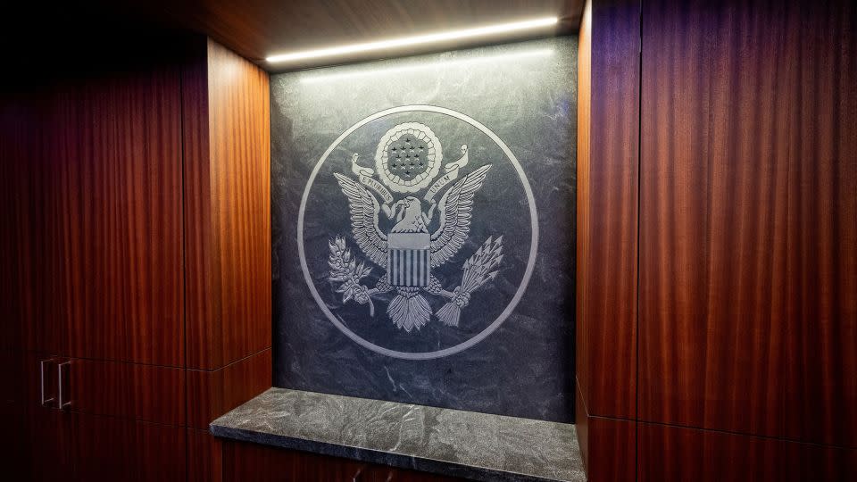 The Great Seal of the United States is seen mounted on a wall of the newly renovated White House Situation Room, in a White House handout photo taken in the West Wing of the White House in Washington, DC. Source: The White House - Carlos Fyfe/The White House/Reuters
