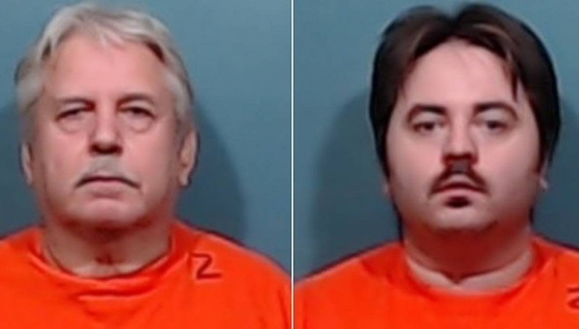 Johnnie Miller, left, and his son, Michael Miller, are accused of shooting to death a neighbor over a mattress in 2018 in Abilene, Texas. Their murder trial began Tuesday, Jan. 24, 2023. Courtesy: Taylor County Jail