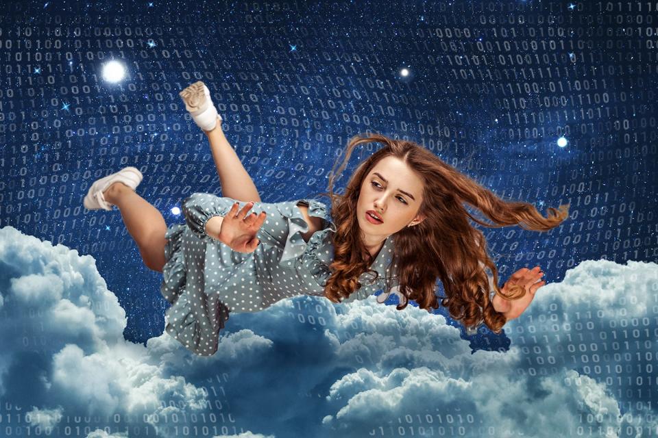 A woman hovering above the clouds in the night sky with binary code in the background.