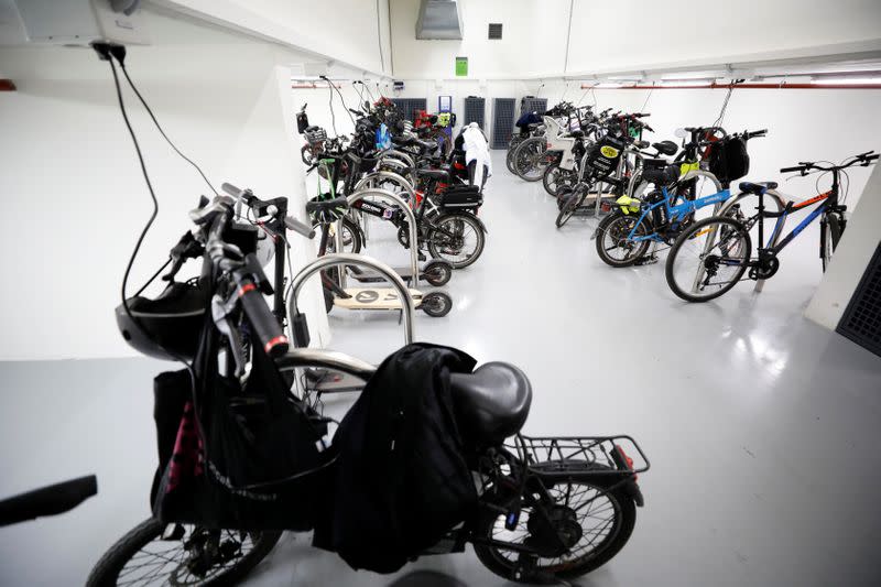 Some electric bicycles belonging to employees are charged as they are parked at U.S. chipmaker Intel Corp's "smart building" in Petah Tikva, near Tel Aviv