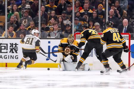 Nov 11, 2018; Boston, MA, USA; Boston Bruins goalie Jaroslav Halak (41) makes a save on a shot by Vegas Golden Knights center Jonathan Marchessault (81) during the third period at TD Garden. Paul Rutherford-USA TODAY Sports