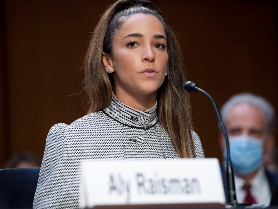 United States Olympic gymnast Aly Raisman testifies during a Senate Judiciary hearing about the Inspector General's report on the FBI's handling of the Larry Nassar investigation on Capitol Hill, Wednesday, Sept. 15, 2021, in Washington.